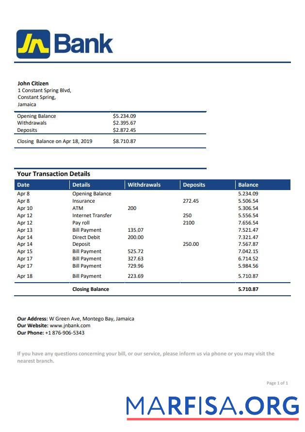 Printable Jamaica National bank statement word template